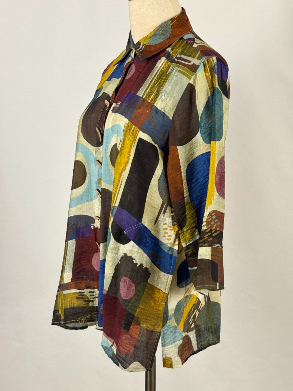 Ali Miles Abstract Geometric Button Down Tunic Top Artsy Art to Wear Earth Tones - Picture 5 of 10